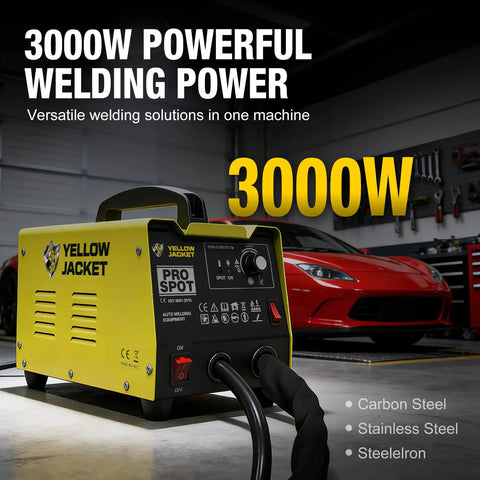 Auto Body Spot Welder Dent Puller 3000W with seven welding modes in garage next to car, yellow heavy-duty welder.