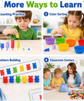 Awesome Rainbow Counting Bears Set Of 100 Bright Plastic Sorting Toys For Toddlers in use for counting, sorting, and pattern building activities.