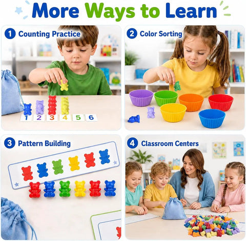 Awesome Rainbow Counting Bears Set Of 100 Bright Plastic Sorting Toys For Toddlers in use for counting, sorting, and pattern building activities.