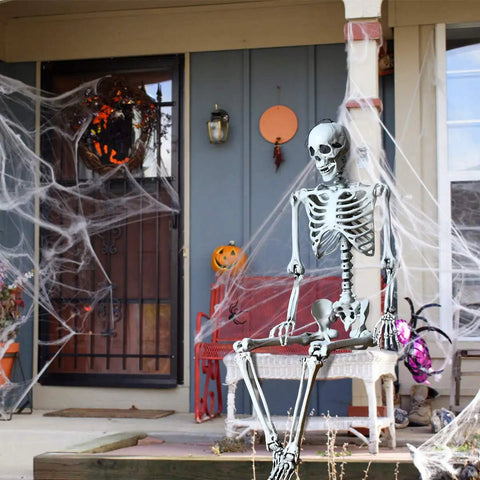Life Size Halloween Skeleton With Seven Joints 5.4 Ft Realistic Human Bones Made From PP Ceiling Hanger Decor on porch