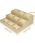 9 Slot Watch Tray Linen Storage Organizer With Cushioned Dividers Jewelry Display Plate dimensions 10.62x9.44 inches in khaki fabric.