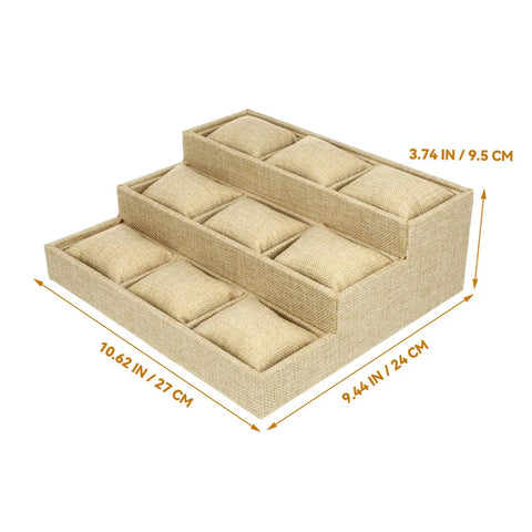 9 Slot Watch Tray Linen Storage Organizer With Cushioned Dividers Jewelry Display Plate dimensions 10.62x9.44 inches in khaki fabric.