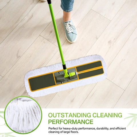 Three Pack 36 Inch Cotton Dust Mop Heads Commercial Refill Hella Thick Cotton Loop No Sweat Swapping Killer Absorbency For Warehouse And Hallway Floors Always being used on light wood floor.