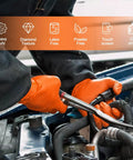 PROMEDIX P heavy-duty orange nitrile gloves with diamond texture, close-up of hands repairing a car engine