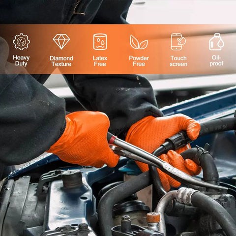 PROMEDIX P heavy-duty orange nitrile gloves with diamond texture, close-up of hands repairing a car engine