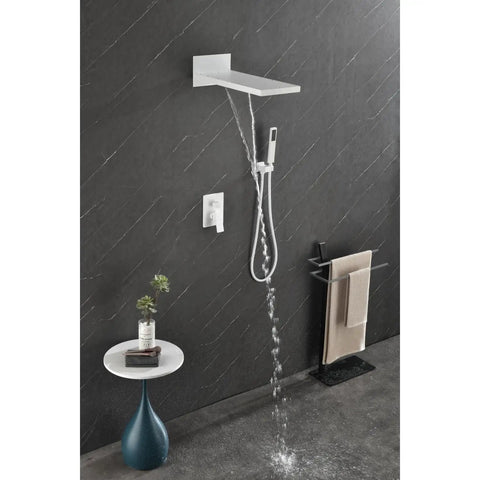 Shower System with Waterfall Rainfall and Handheld featuring brass construction, wall-mounted design with waterfall spout.