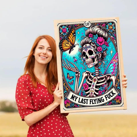 Woman holding Skull Diamond Art Kit For Grown Ups 5D Full Drill Diamond Painting Kit For Beginners With Round Rhinestones DIY Gem Art Craft For Home Wall Decor 12x16 Inches Includes Pen And Tray with vibrant skeleton design.