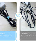 Comparison of cords with and without Silicone Magnetic Cable Ties Reusable Phone Cord Organizer; neat versus messy arrangement.