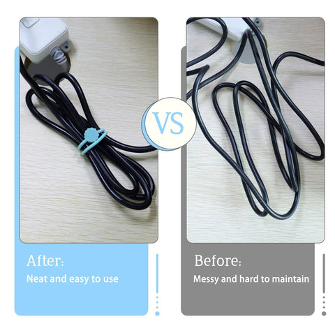 Comparison of cords with and without Silicone Magnetic Cable Ties Reusable Phone Cord Organizer; neat versus messy arrangement.