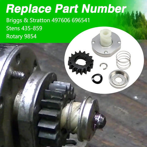 Starter Drive Kit With 16 Teeth Drive Gear That Fits Briggs And Stratton Stens Rotary Engines And Lawn Tractors Replacement Part Numbers 497606 696541 435 859 9854, components displayed on the table.