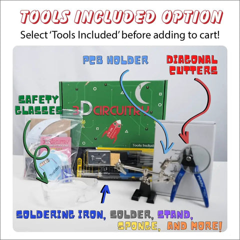 Spaceship Kit STEM Project Learn How To Solder Beginner Friendly Electronics Set With Tools Included For Teens 12 Plus And Adults To Build Real Circuits And Show Off Your Soldering Skills., PCB holder, safety glasses, diagonal cutters, soldering iron