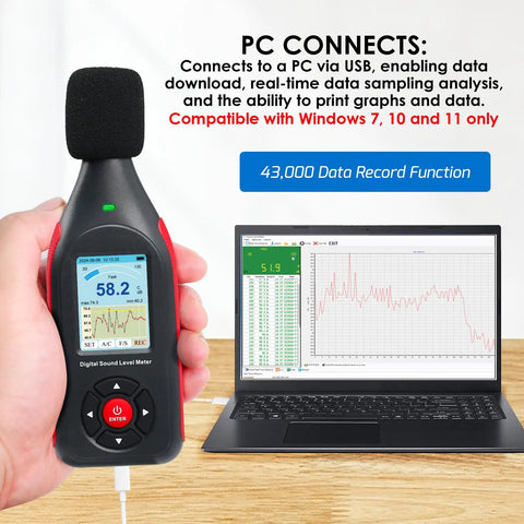 Decibel Meter Data Logger With Real Time Sound Level Readouts, 43,000 Data Capture And Excel Export, Rechargeable Noise Monitor With AC DC Output, Three Color Alarm, PC Connectivity And Main Unit Display, hand-held with laptop graph