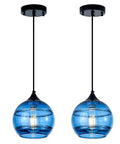 Two Pack Blue Glass Pendant Lights With Round Shade, Modern Hanging Fixture For Kitchen Island, Slick Durable Finish
