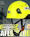 Fluorescent yellow safety helmet with six-point suspension, vented design, adjustable ratchet fit, chin strap; for all-day comfort.