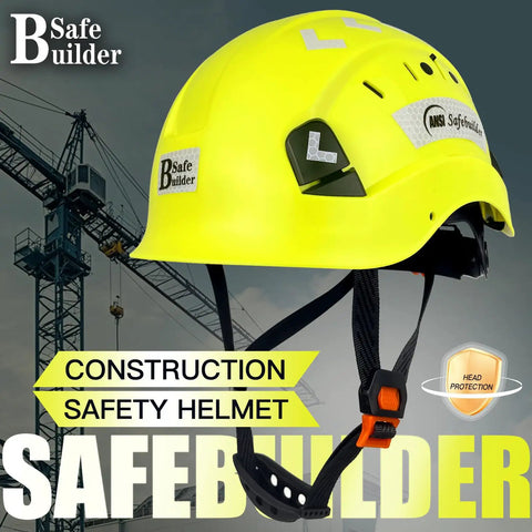 Fluorescent yellow safety helmet with six-point suspension, vented design, adjustable ratchet fit, chin strap; for all-day comfort.