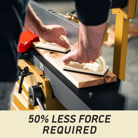Hands operating an Industrial Grade 16 Inch Parallelogram Jointer With Helical Cutterhead 7.5 Hp Three Phase Motor on wood.