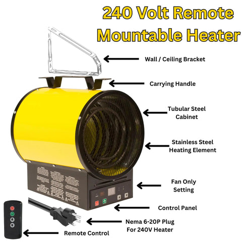 Heavy Duty 240V Electric Forced Air Heater With Wireless Remote Control 12800 BTU showing wall bracket and control features.