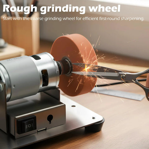 Hella Versatile Mini Bench Grinder Fitted With Three High Speed Buffing Wheels For Razor Knife Sharpening And Spotless Metal Polish grinding scissors with rough wheel.