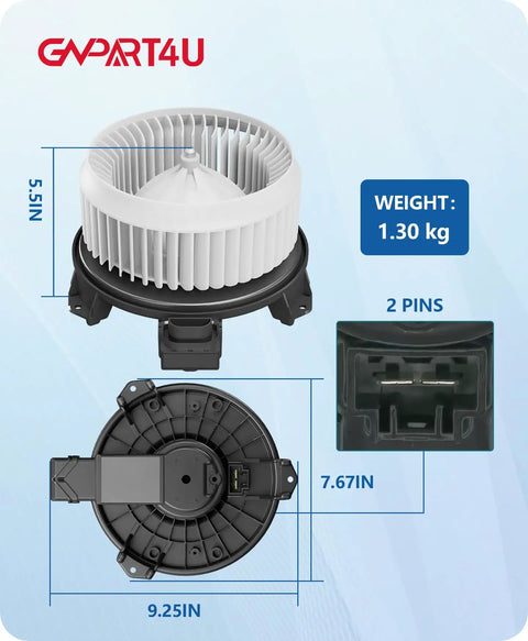 Front HVAC Blower Motor For 2009-2018 Dodge Ram 1500 2500 3500 Bolt-On Heavy Duty Replacement Fan Assembly dimensions and connectors.