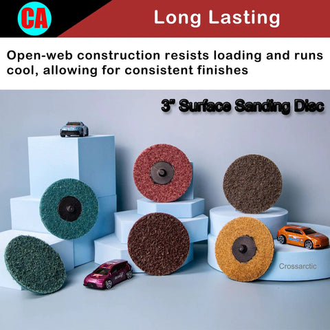 31 Pcs 3 Inch Surface Conditioning Discs With Quick Change Twist Lock System And 1/4 Inch Shank For Die Grinder Prep Strip Grind Polish Finish And Rust Paint Removal displayed on a stand