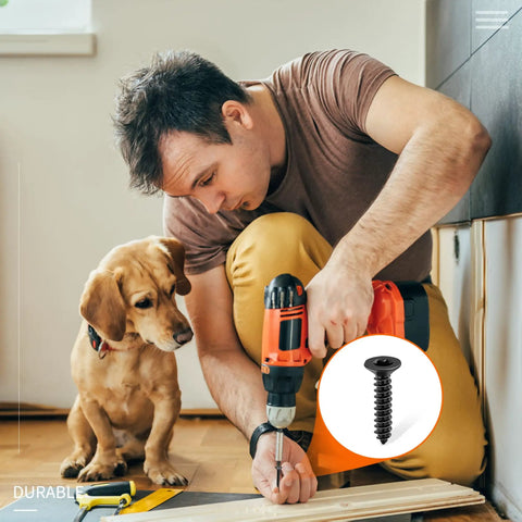 Man using a power drill with a Number 8 X 5/8 Inch Black Coated Flat Head Torx Wood Screws 100 Pack Hella Rugged Stainless Steel 18 8.