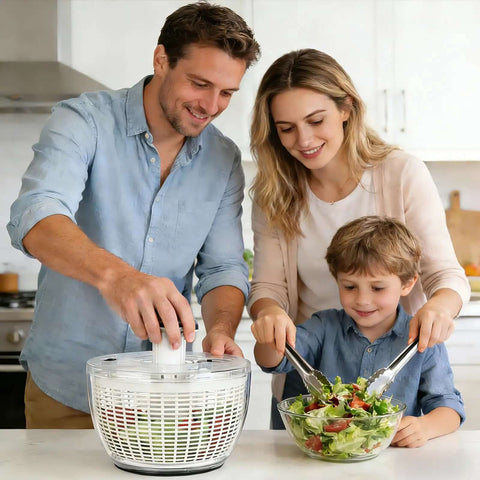 Family using Big Ol 6.3 Qt Salad Spinner With Fully Removable Lid One Hand Press Pump Instant Stop Brake Button in kitchen