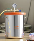 Front view: VEVOR 3-Gallon stainless vacuum chamber with orange lid, top gauge, for resin/wood degassing