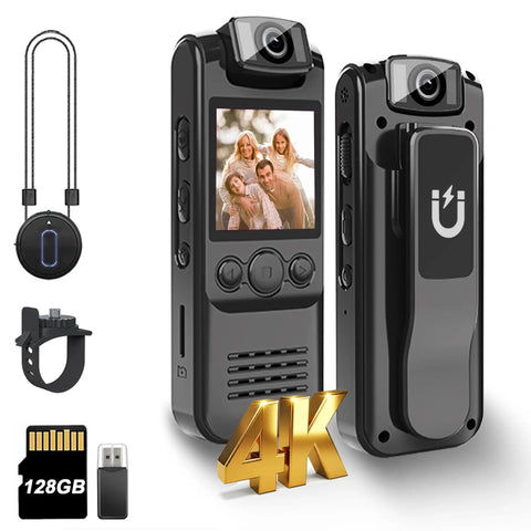4K Ultra HD Body Camera With Audio And Video Recording, 128GB Mini Wearable Cam With Magnetic Lanyard, accessories and 4K label