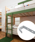 Top Shelf Heavy Duty Four Piece Bunk And Loft Bed Ladder Brackets Rust Resistant PVC Coated Stainless Steel Angular Support Hooks in use with green ladder.