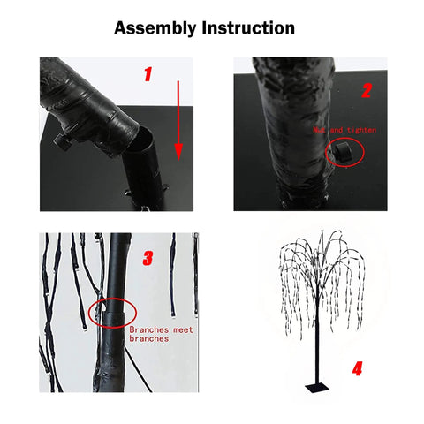 Assembly instructions for Solar Willow Tree With 200 LEDs Outdoor Garden Decor That Pops Waterproof Pathway Lighting with branches.
