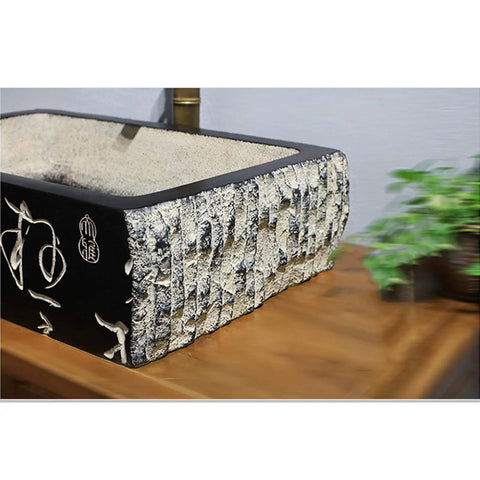 Kickstart Your Top Shelf Bathroom Refresh With This Retro Ceramic Vessel Sink Featuring Imitation Stone Finish And Including Faucet For Single Basin Above Counter Lavatory Vanity Setup, close-up view of textured edges.