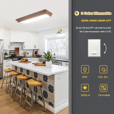 Two Foot LED Wraparound Light Fixture With Wood Look, Dimmable 3000K 4000K 5000K CCT, 30W 3300LM in white kitchen setting