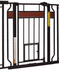 Home Design Extra Wide Walk Thru Pet Gate With Small Pet Door 10x7, Decor Hardwood Look For Pups, black frame, cherry wood top