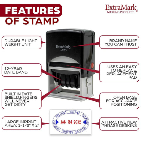 Slick Self Inking Office Date Stamp With Received Phrase And Dual Blue Red Ink For Fast Daily Paperwork Tasks and Zero Drama Document Tracking For Busy Professional Offices features overview.