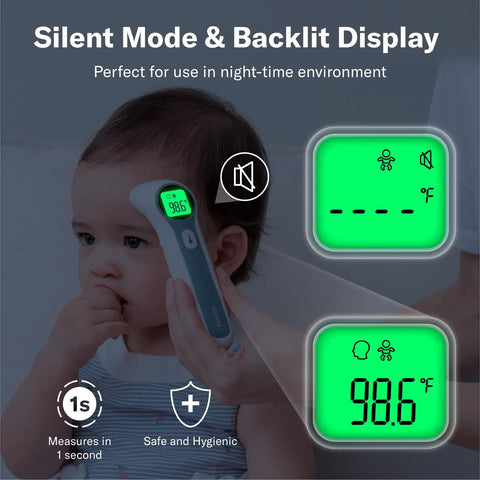 Forehead And Ear Thermometer For Adults Kids And Baby One Push Button Quick Readings Clinically Accurate And Reliable Magnetic Probe Cover Easy To Use Digital Thermometer For The Whole Fam. child using digital thermometer with backlit display in silent mode
