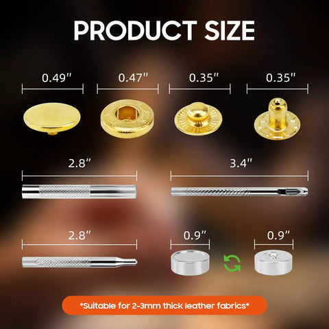 Product size details of Solid Gold Metal Snap Fasteners Bundle Packs with measurements for heavy duty button sets.
