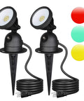 Outdoor Spotlight Kit With 3 Interchangeable Lenses Red Yellow Green 120V 12W 4000K Dusk To Dawn Landscape Lighting Waterproof UL Listed 2 Pack, black fixtures with lens filters
