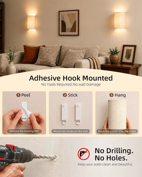 Battery Operated Wall Sconce Set Of Two With Remote And Usb C Rechargeable Power No Drill Setup That Is Totally Renter Friendly And Delivers Smooth Ambiance Vibes Without Having To Pay Cash For An Electrician, showcasing adhesive hook setup.