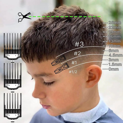 Universal Clipper Guard Kit For Trimmers, 10 Pcs Coded Cutting Guides From 1 Sixteenth To 1 Inch showing haircut lengths