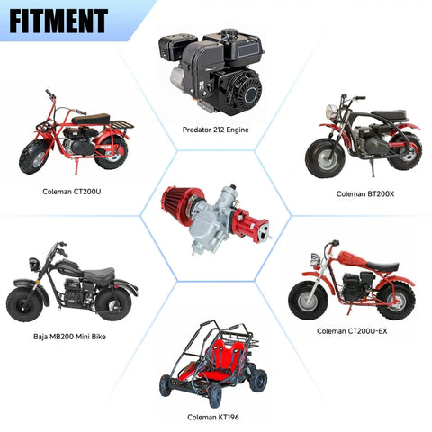 Diagram showing fitment for 26mm Carburetor Throttle Assembly Kit Replacement for Predator 212cc 224cc 196cc Engines and Coleman CT200U Go Kart Mini Bike Parts GX160 GX200 Compatible.