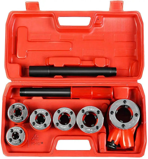 Portable Ratchet Pipe Threader Kit With Six Dies And Case showing ergonomic tools and red storage box for home plumbing
