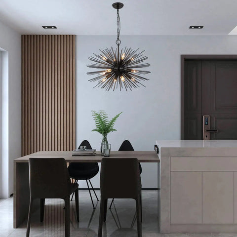 Black Sputnik Starburst Chandelier With 12 Lights 24 Inches Mid Century Firework Pendant Light Fixture in dining room