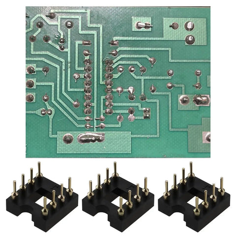Gold Plated 8 Pin DIP IC Socket Adapter 2.54mm Pitch Straight Socket For OP Amp ICs 20 Pack shown below green circuit board