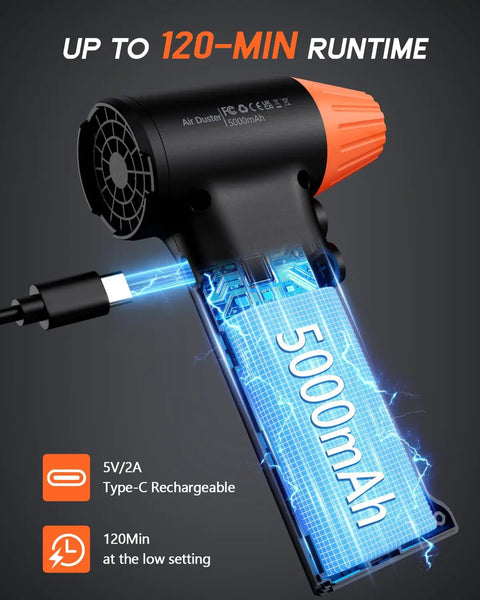 Cordless Air Duster 130000 RPM With 3 Gear Speed Handheld Blower Rechargeable battery shown, Type-C charging port visible.