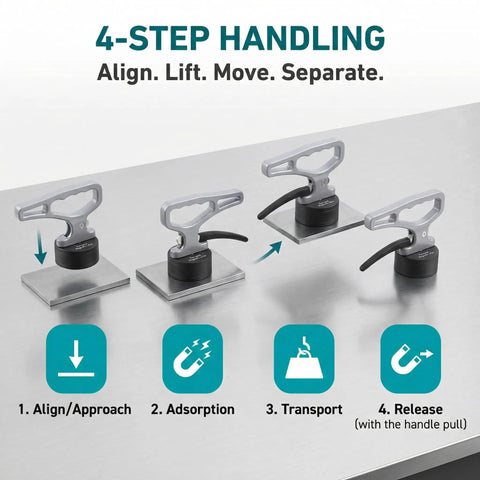 4-step process of using Heavy Duty Magnetic Pickup Tool With 40 Lbs Pull Telescoping Magnet Stick And Quick Release Handle.