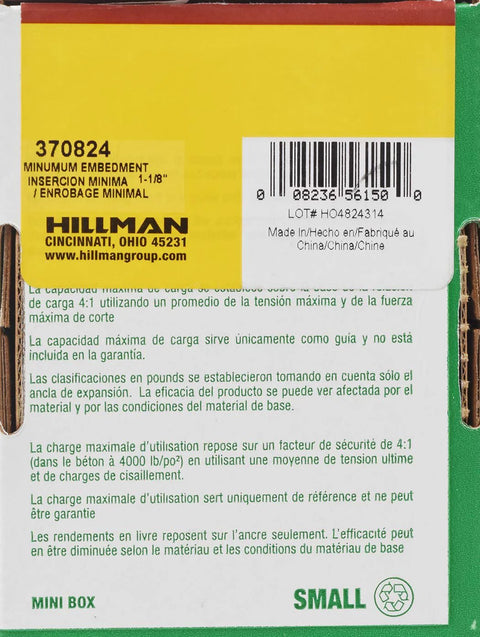 Rear packaging view of hex head sleeve anchor box showing minimum embedment, barcode, and manufacturer details.