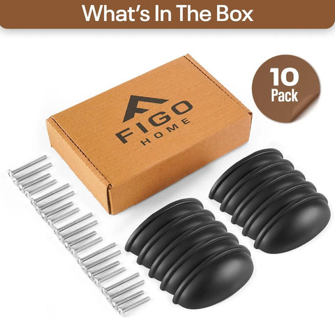 Sleek 3 Inch Cup Drawer Pulls Matte Black 10 Pack Half Moon Cabinet Handles set with hardware screws in box.