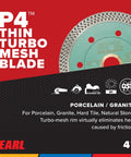 Thin Mesh Turbo Porcelain Diamond Blade 4 Inch Low Kerf For Porcelain Tile And Hard Ceramics Cool Running With Minimal Chipping, image of 4 inch green blade with visible turbo mesh rim.