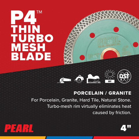 Thin Mesh Turbo Porcelain Diamond Blade 4 Inch Low Kerf For Porcelain Tile And Hard Ceramics Cool Running With Minimal Chipping, image of 4 inch green blade with visible turbo mesh rim.