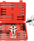 46 Piece Harmonic Balancer Puller Set And Steering Wheel Puller Kit in red case with metal components displayed